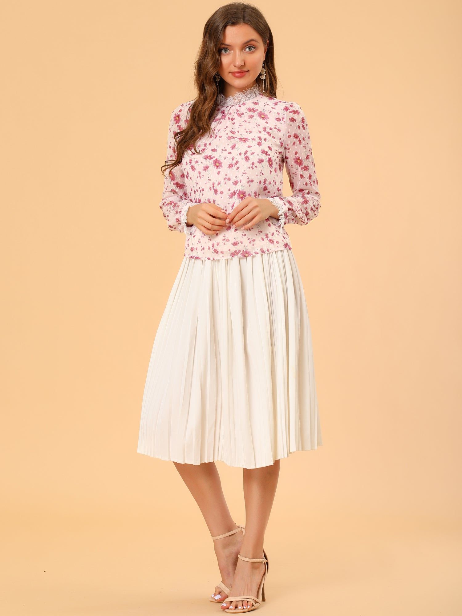 Lace Ruffled Neck Pleat Swiss Dots Floral Chiffon Blouse Top sold by Allegra K