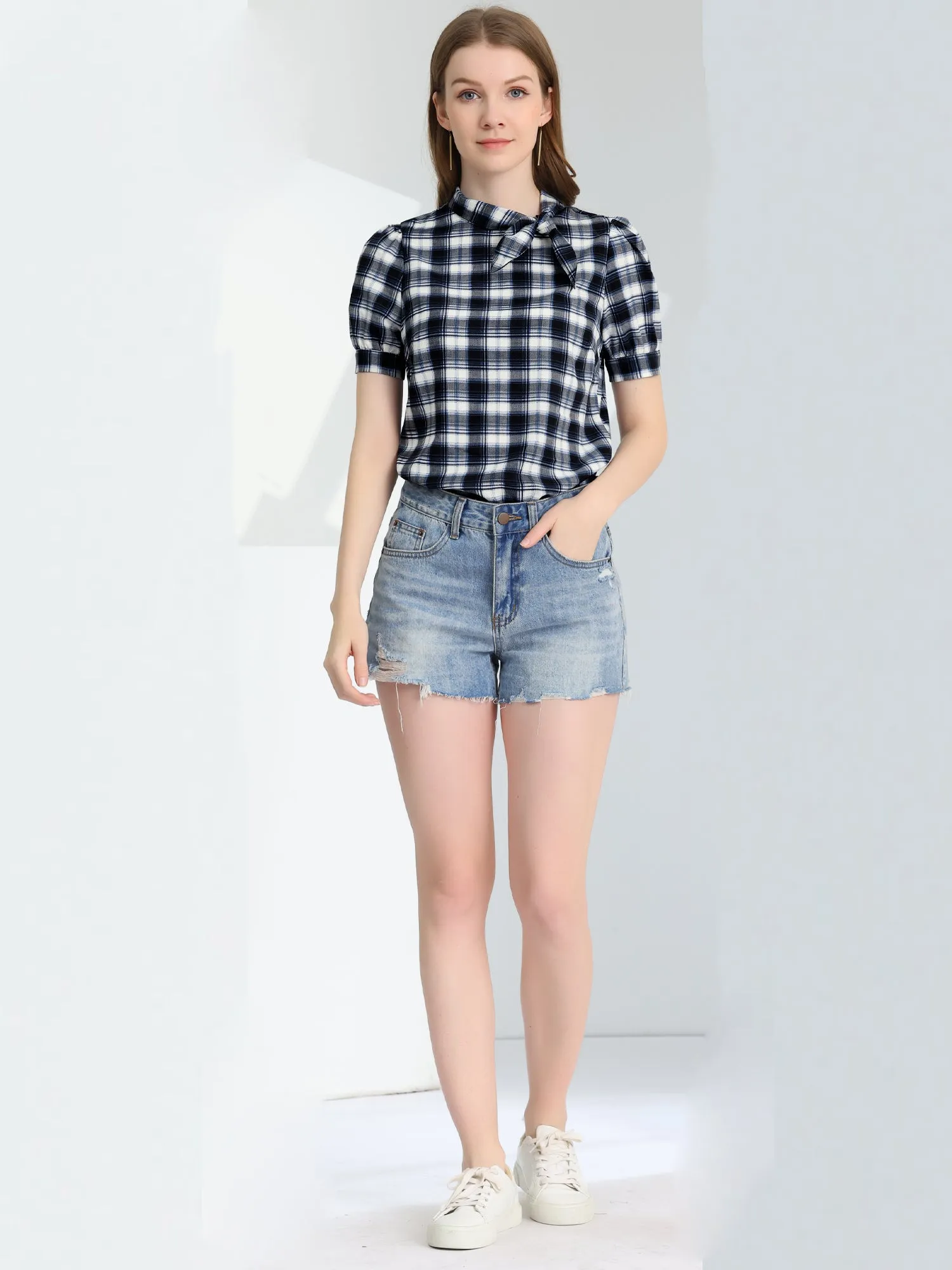 Work Top Summer Tie Neck Short Sleeve Chiffon Pullover Plaid Blouse sold by Allegra K product image thumbnail 3