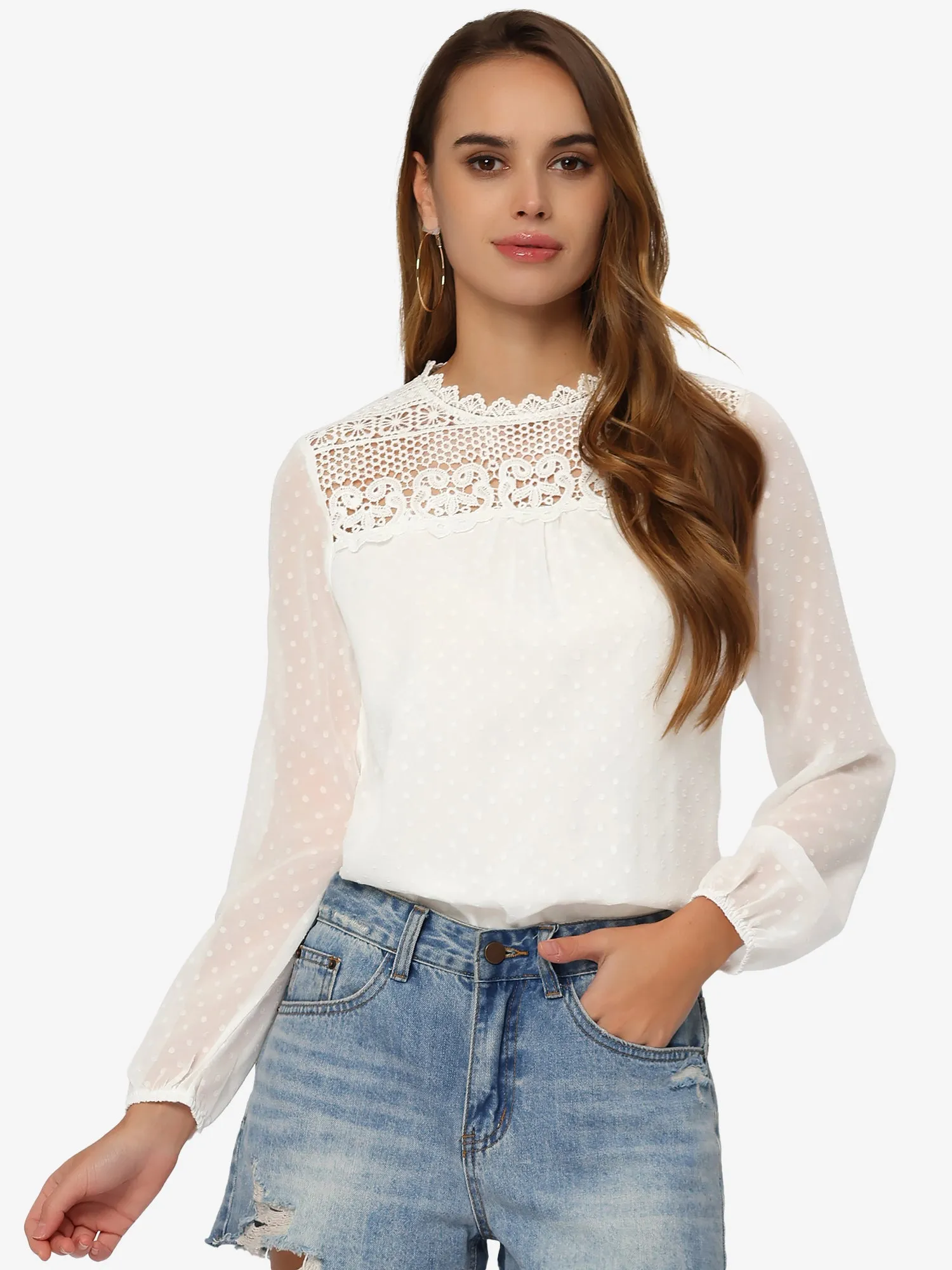 Lace Crochet Tops Crew Neck Casual Swiss Dots Chiffon Blouse sold by Allegra K