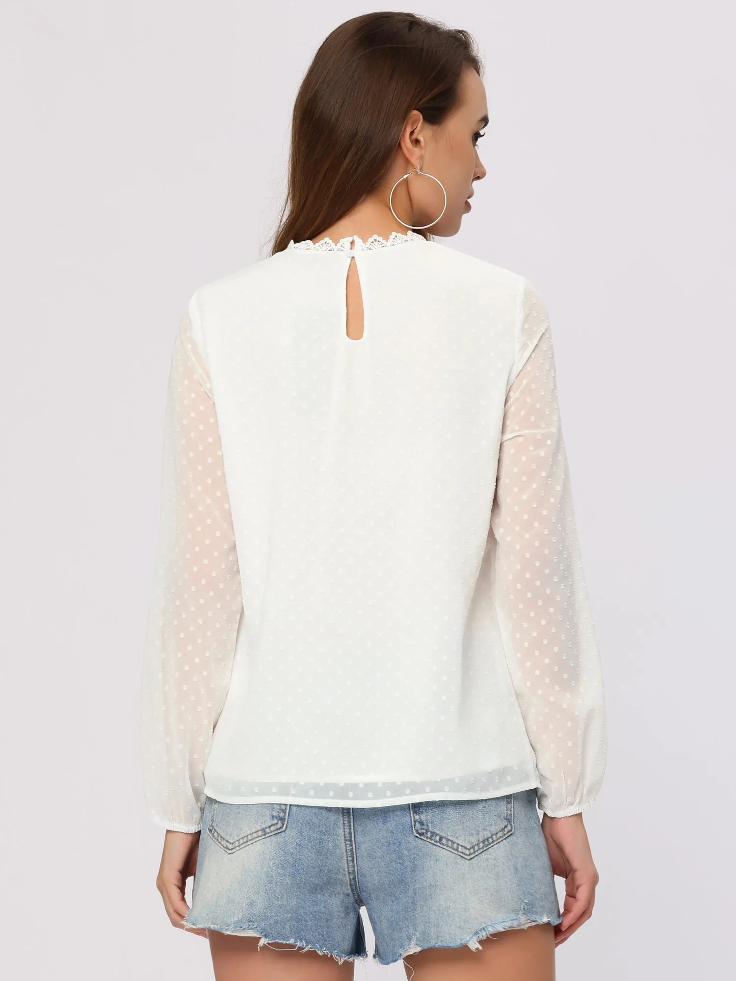Lace Crochet Tops Crew Neck Casual Swiss Dots Chiffon Blouse sold by Allegra K product image thumbnail 3