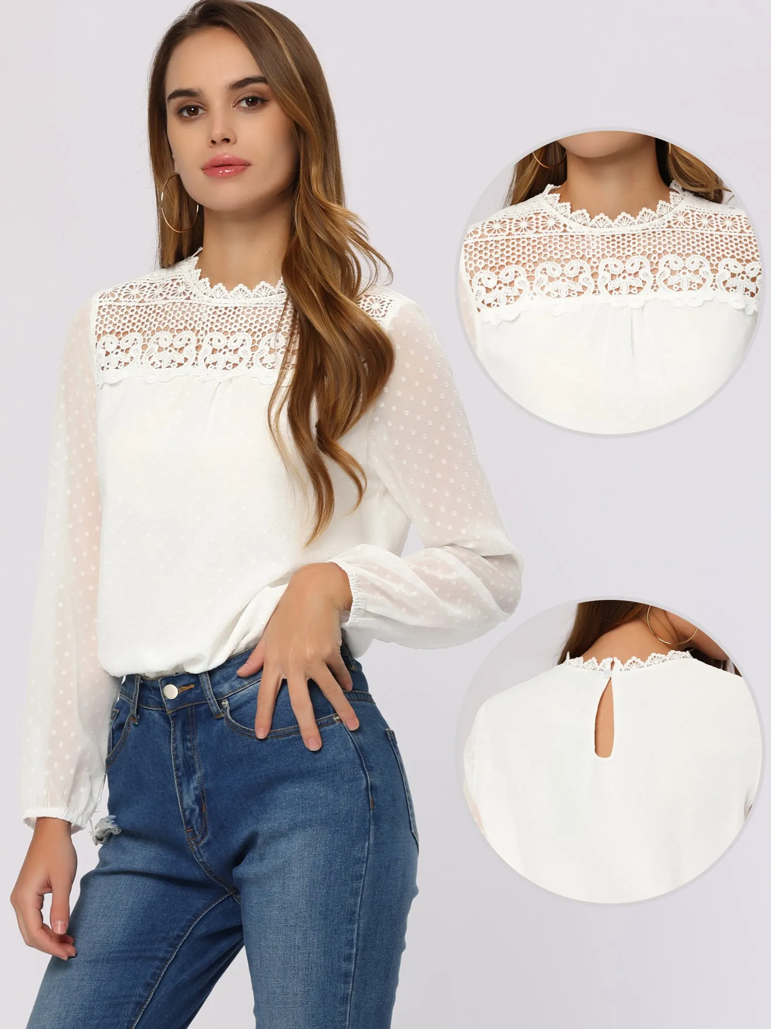 Lace Crochet Tops Crew Neck Casual Swiss Dots Chiffon Blouse sold by Allegra K product image thumbnail 2