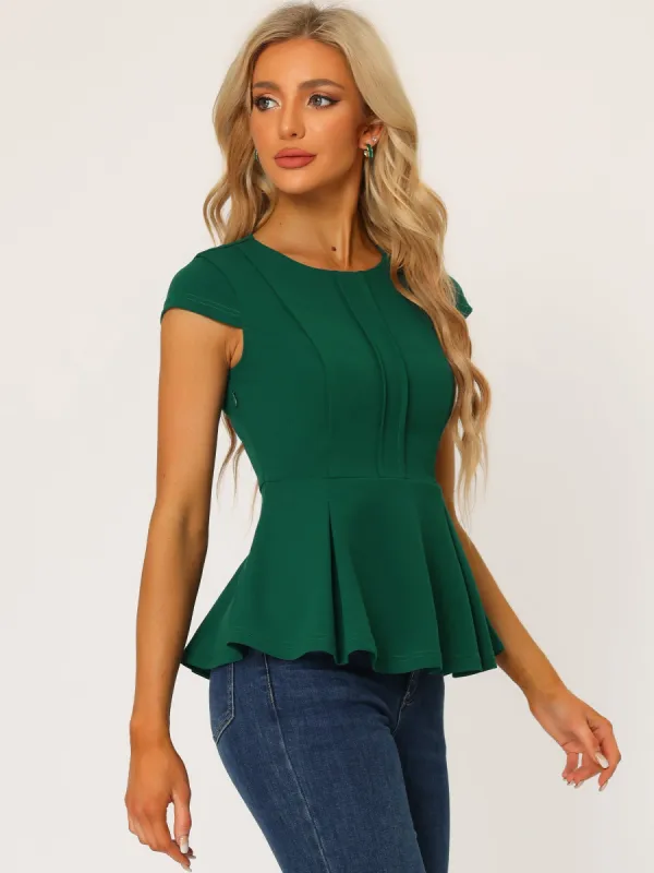 Elegant Round Neck Solid Color Cap Sleeve Peplum Blouse sold by Allegra K