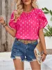 Mesh Metallic Dots Ruched Short Sleeves Casual Blouse sold by Allegra K