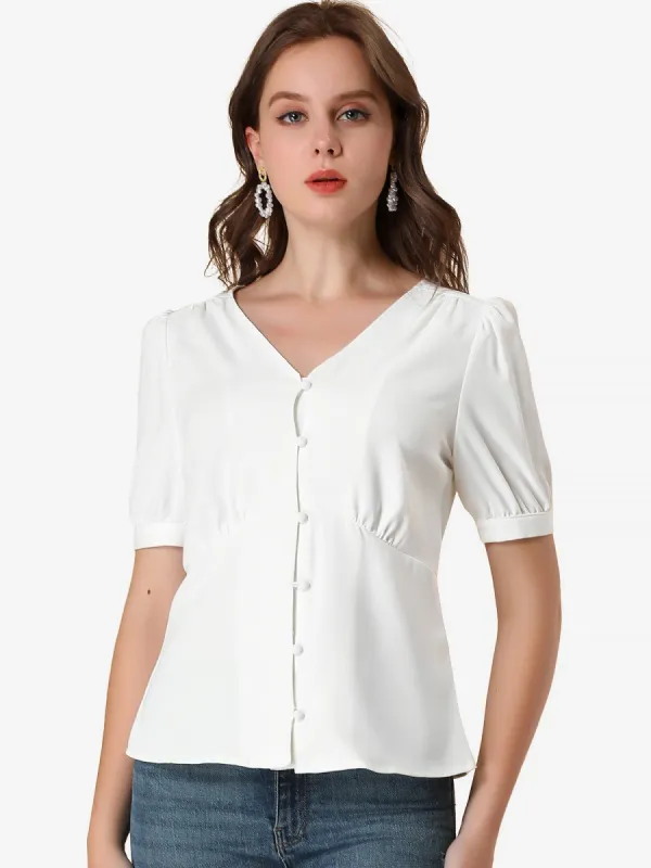 V Neck Office Button Front Puff Sleeve Blouse Top sold by Allegra K