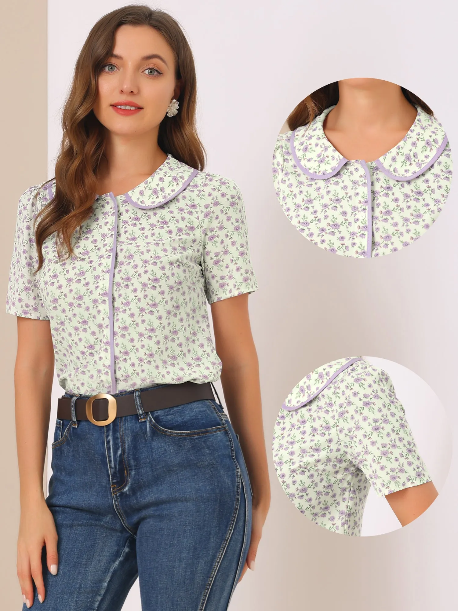 Peter Pan Collar Blouse Spirng Short Sleeve Buttons Floral Shirt sold by Allegra K product image thumbnail 2