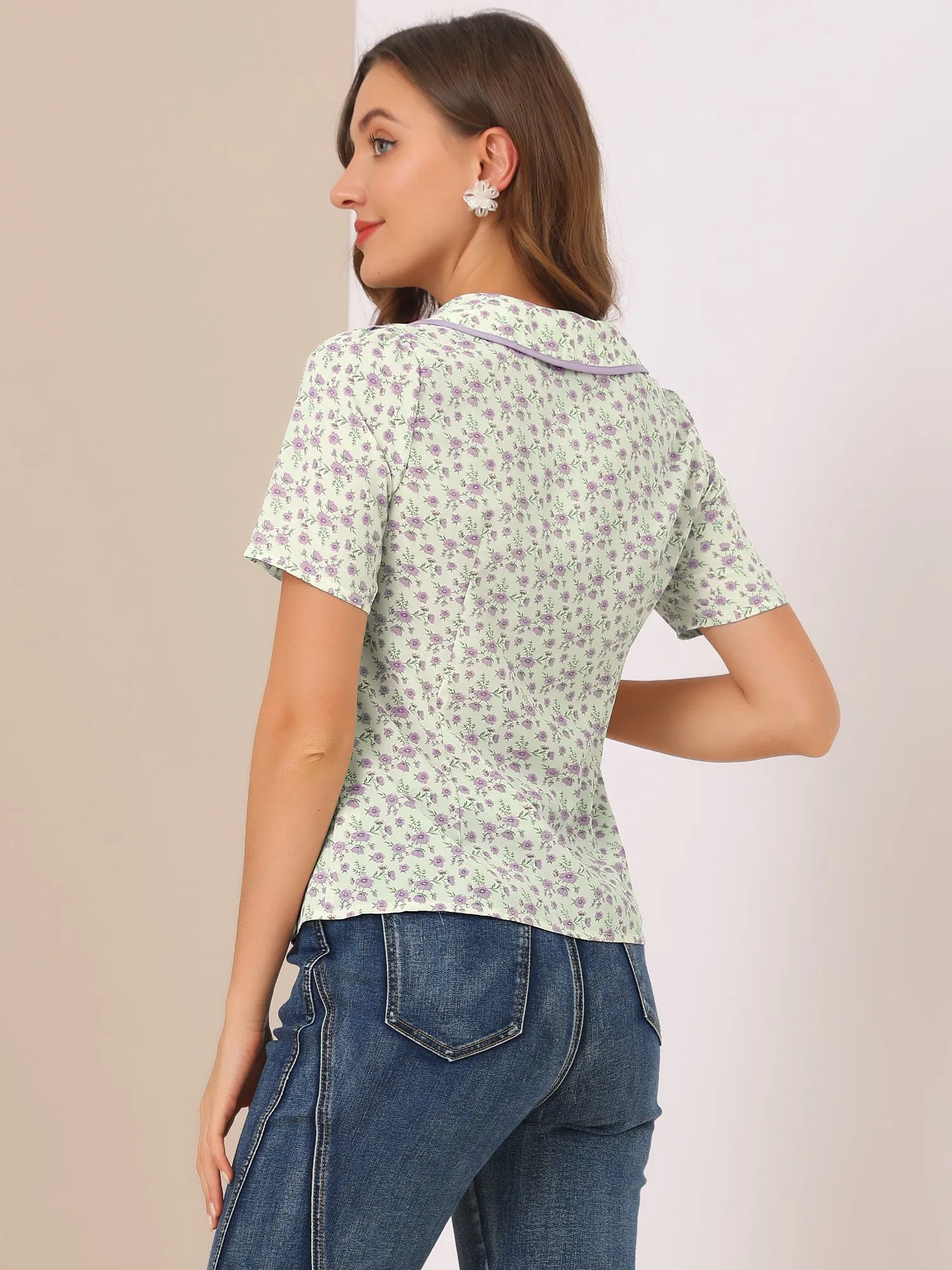 Peter Pan Collar Blouse Spirng Short Sleeve Buttons Floral Shirt sold by Allegra K product image thumbnail 3