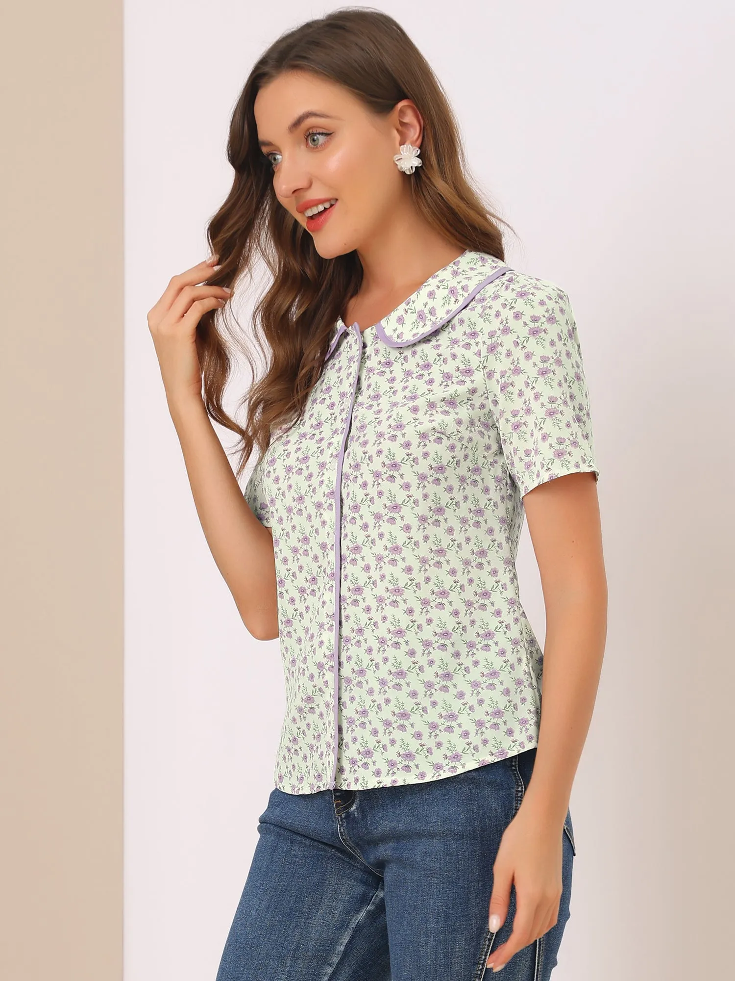 Peter Pan Collar Blouse Spirng Short Sleeve Buttons Floral Shirt sold by Allegra K