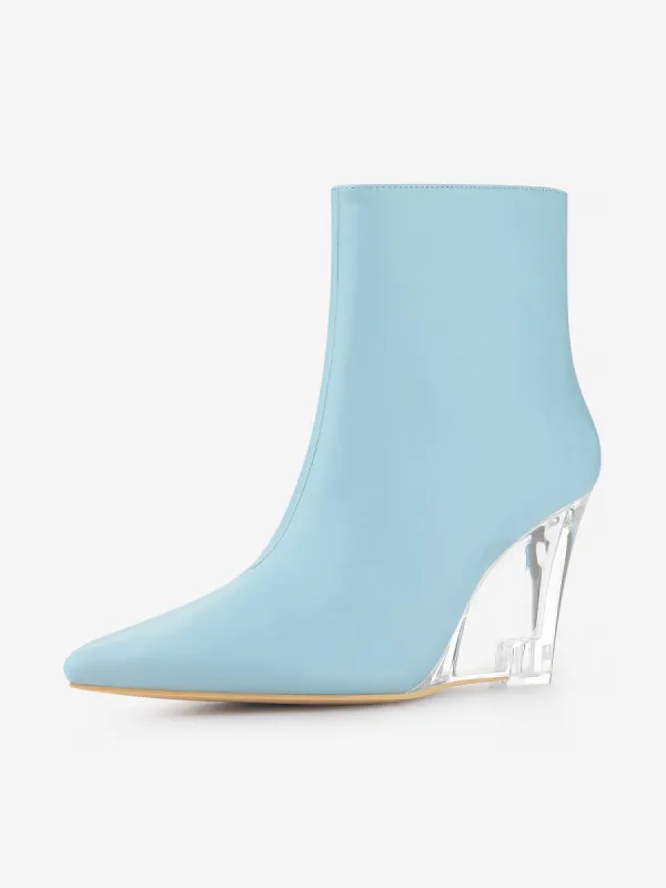 Clear Heel Pointed Toe Wedge Heel Faux Leather Ankle Boots sold by Allegra K