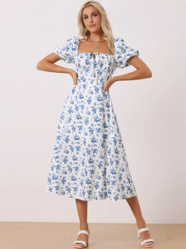 Floral Tie Neck Puff Sleeves Smocked Back Slit Midi Dress sold by Allegra K