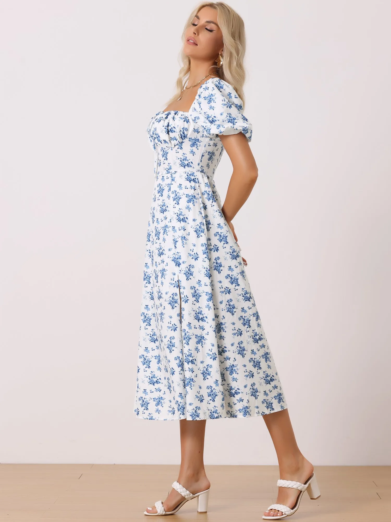 Floral Tie Neck Puff Sleeves Smocked Back Slit Midi Dress sold by Allegra K product image thumbnail 2