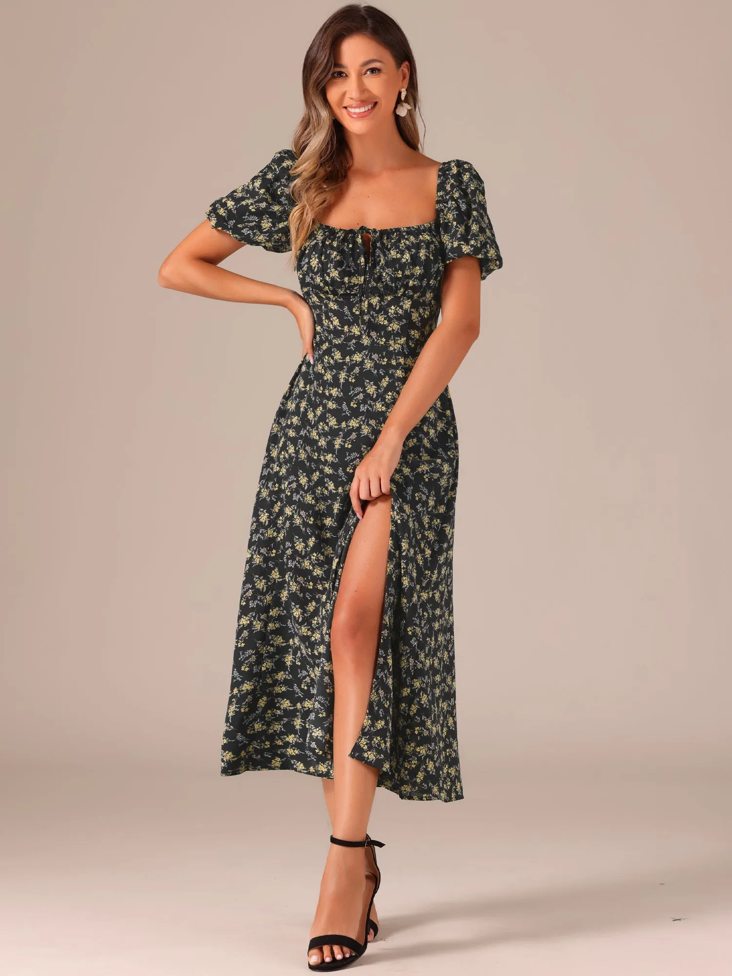 Floral Tie Neck Puff Sleeves Smocked Back Slit Midi Dress sold by Allegra K product image thumbnail 5
