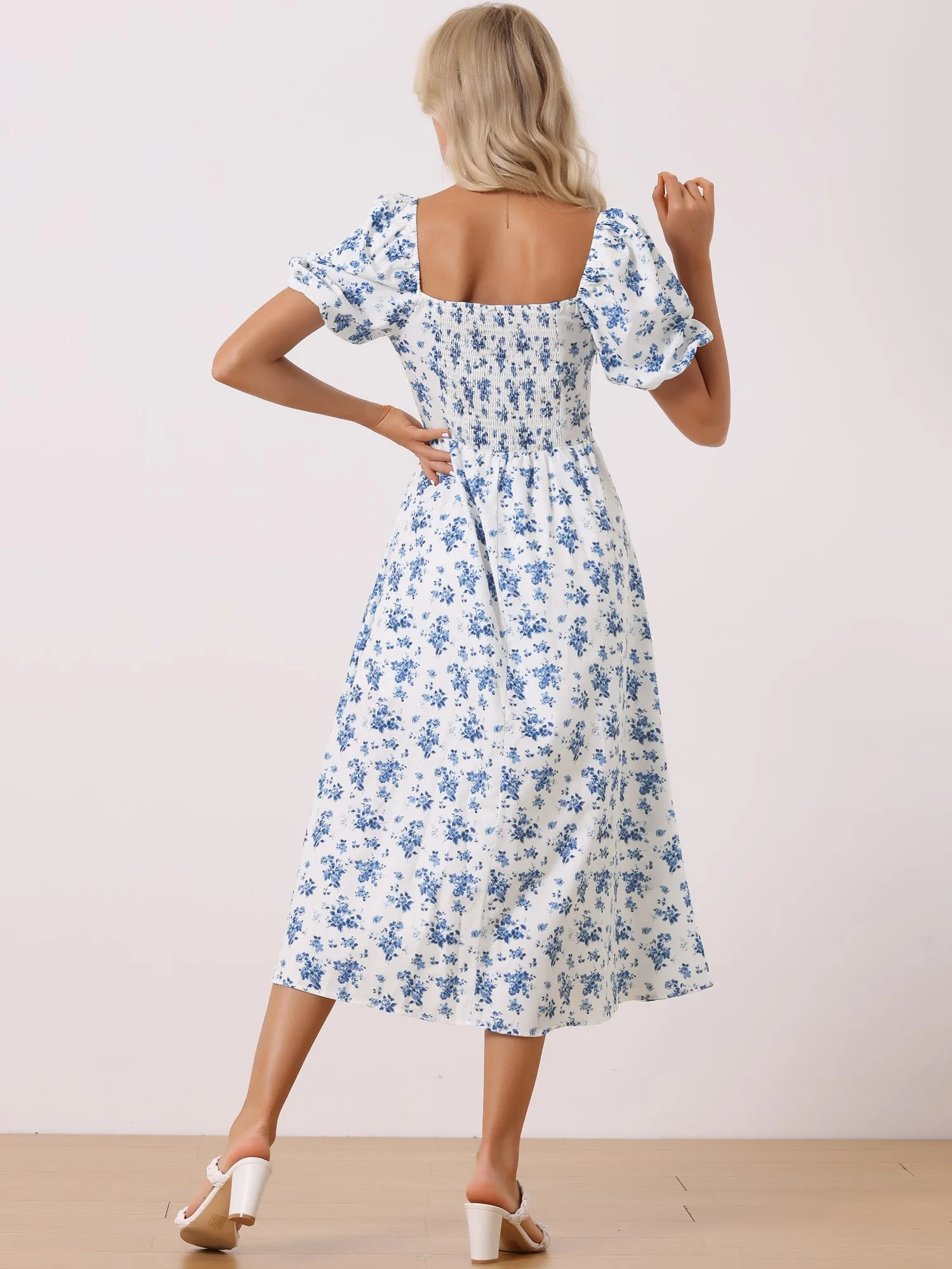 Floral Tie Neck Puff Sleeves Smocked Back Slit Midi Dress sold by Allegra K product image thumbnail 3