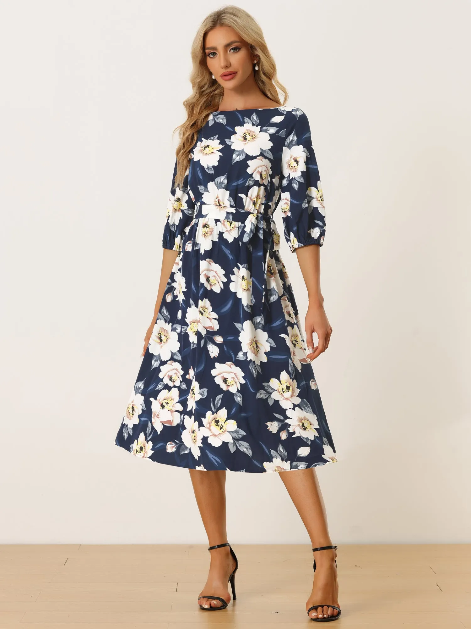 Vintage Floral Boat Neck 3/4 Sleeve Self Tie A-Line Dress sold by Allegra K