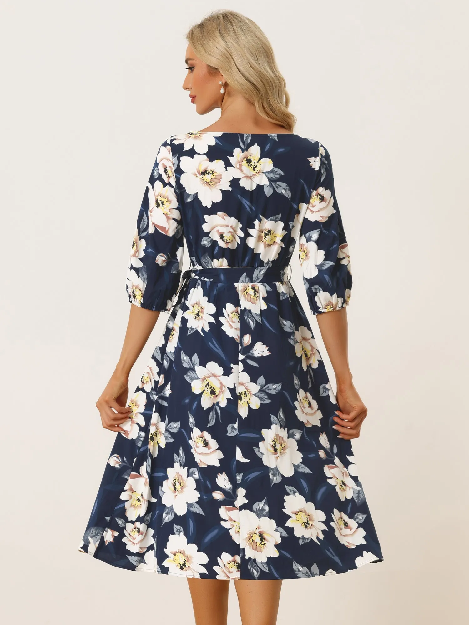Vintage Floral Boat Neck 3/4 Sleeve Self Tie A-Line Dress sold by Allegra K product image thumbnail 3