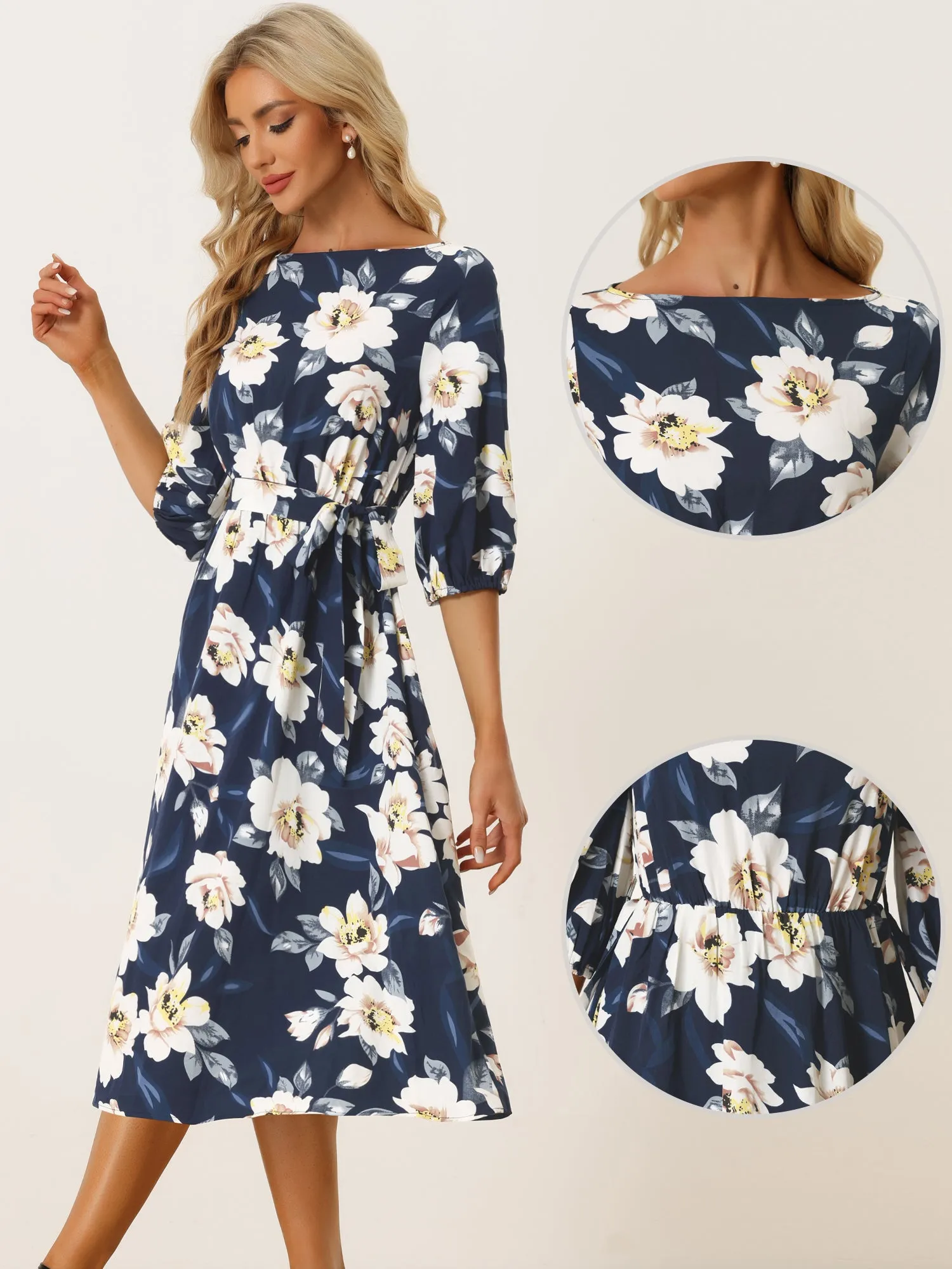 Vintage Floral Boat Neck 3/4 Sleeve Self Tie A-Line Dress sold by Allegra K product image thumbnail 2