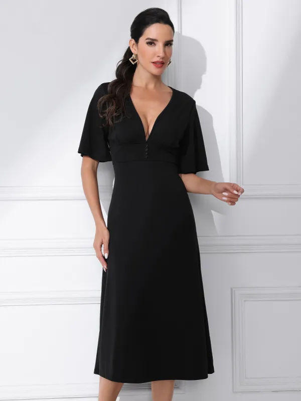 Deep V Neck Short Sleeve A Line Swing Flared Sexy Midi Dress sold by Allegra K