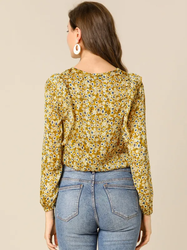 Floral Print Long Sleeve Chiffon Ruffle Tie Neck Blouse sold by Allegra K