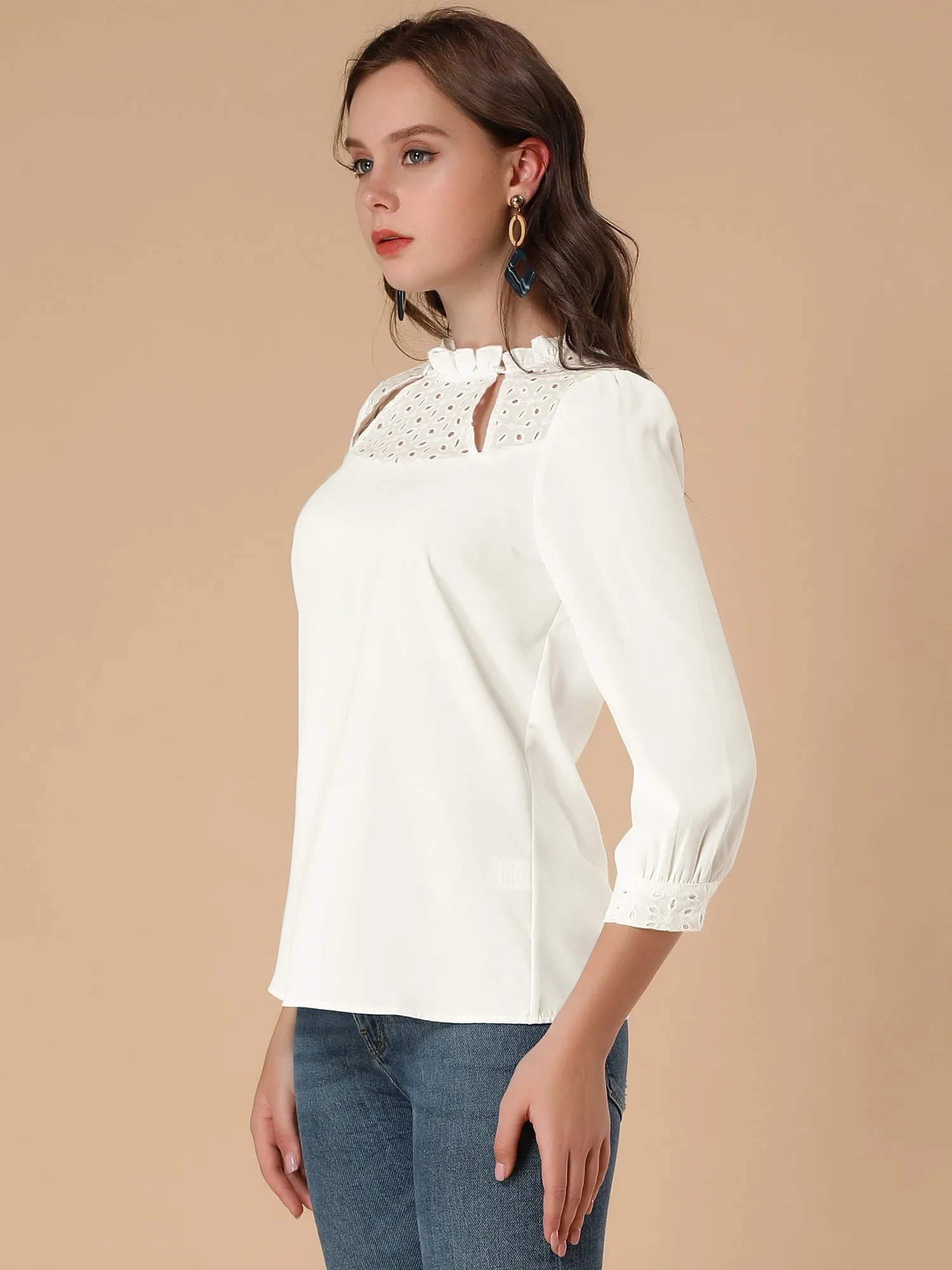 Hollow Out Contrast Panel Cut 3/4 Sleeve Ruffle Collar Blouse sold by Allegra K product image thumbnail 4