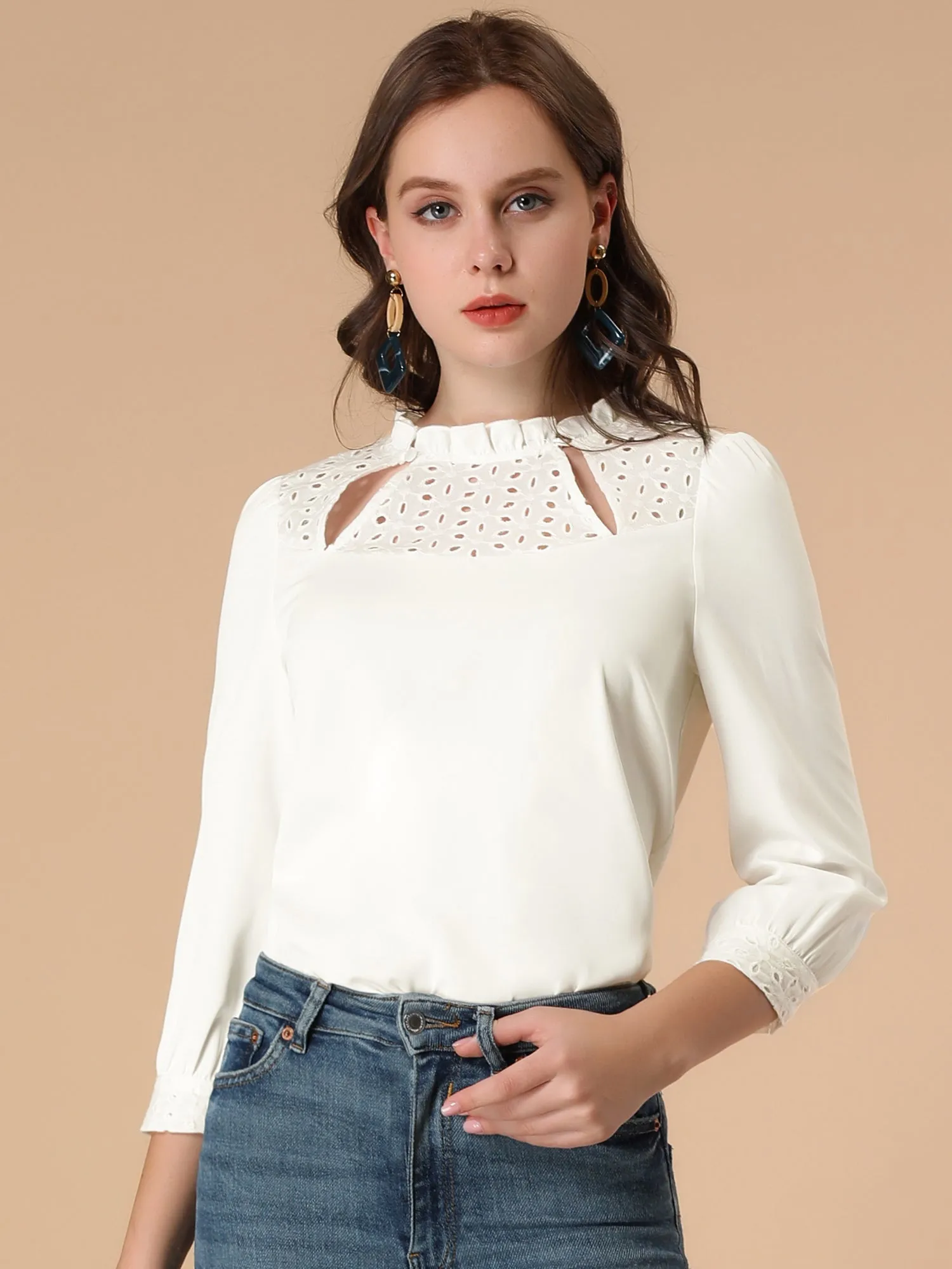 Hollow Out Contrast Panel Cut 3/4 Sleeve Ruffle Collar Blouse sold by Allegra K product image thumbnail 3