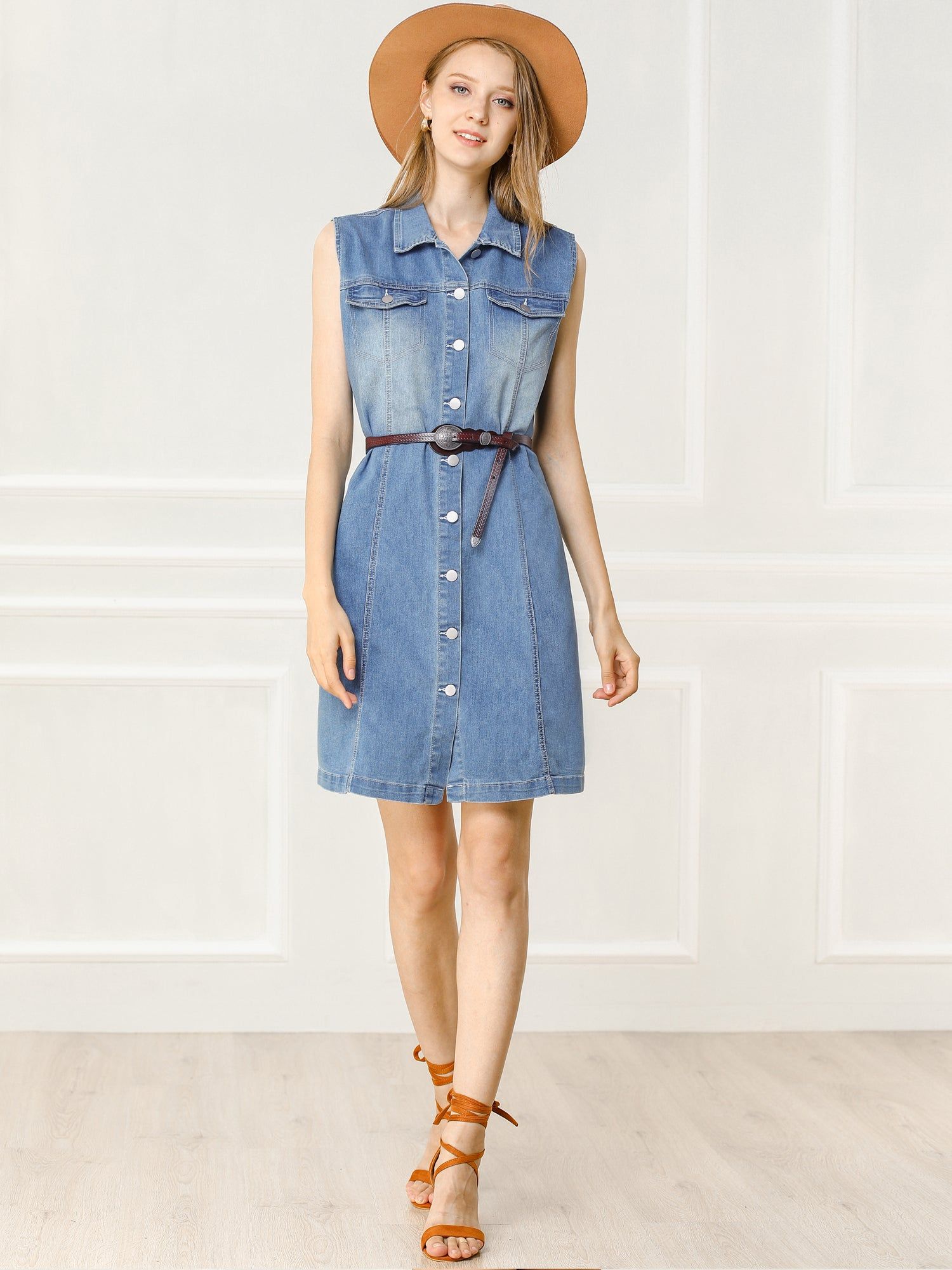 Casual Button Front Shirt Dress Summer Sleeveless Denim Dress sold by Allegra K product image thumbnail 2