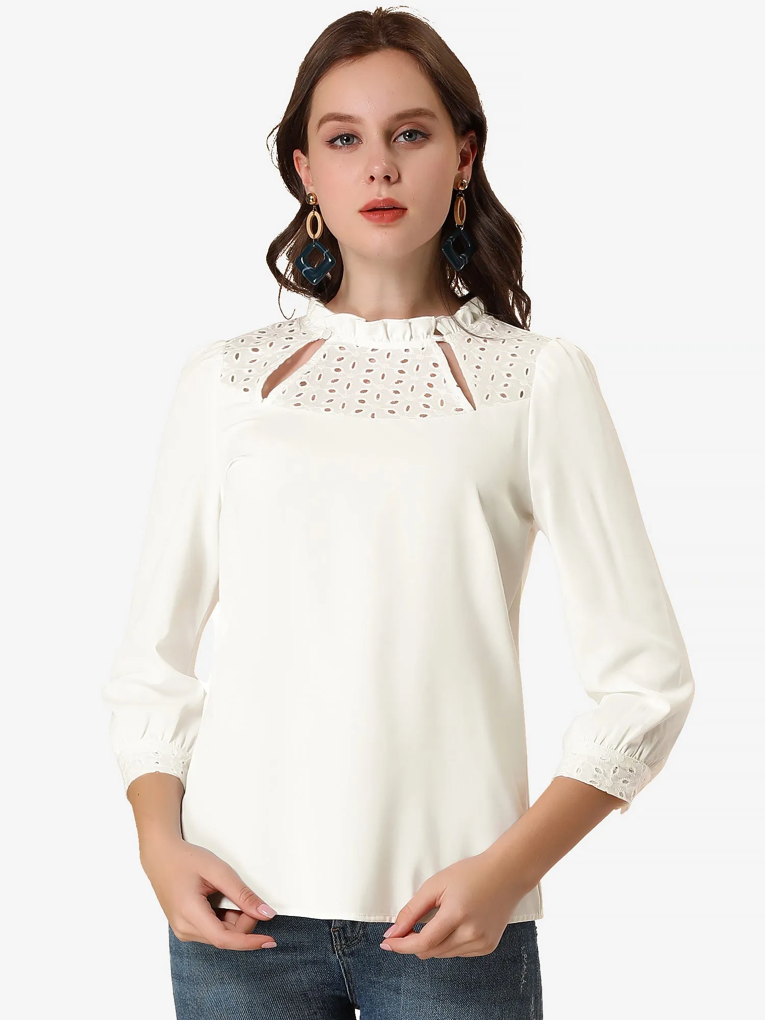 Hollow Out Contrast Panel Cut 3/4 Sleeve Ruffle Collar Blouse sold by Allegra K