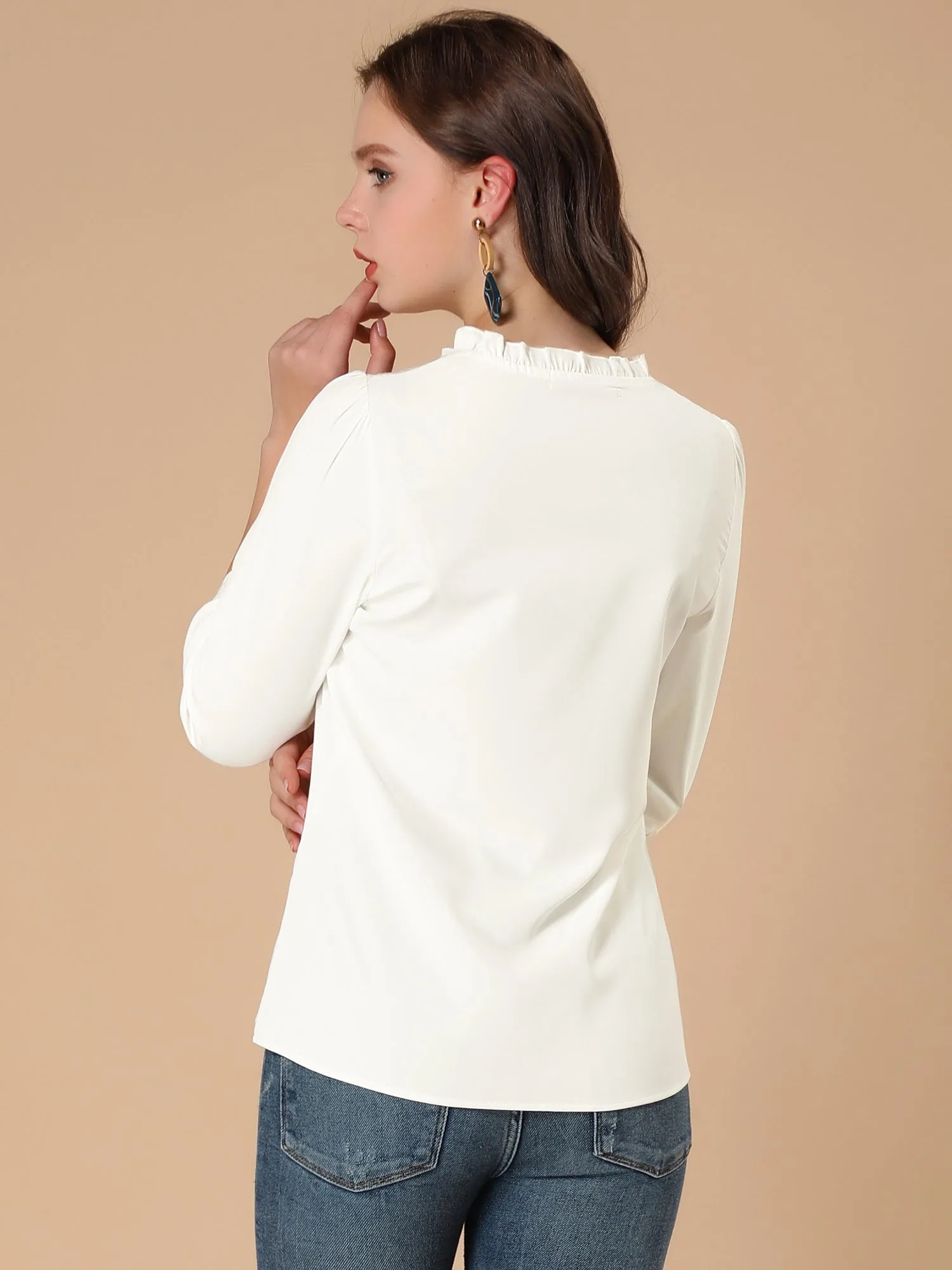 Hollow Out Contrast Panel Cut 3/4 Sleeve Ruffle Collar Blouse sold by Allegra K product image thumbnail 5