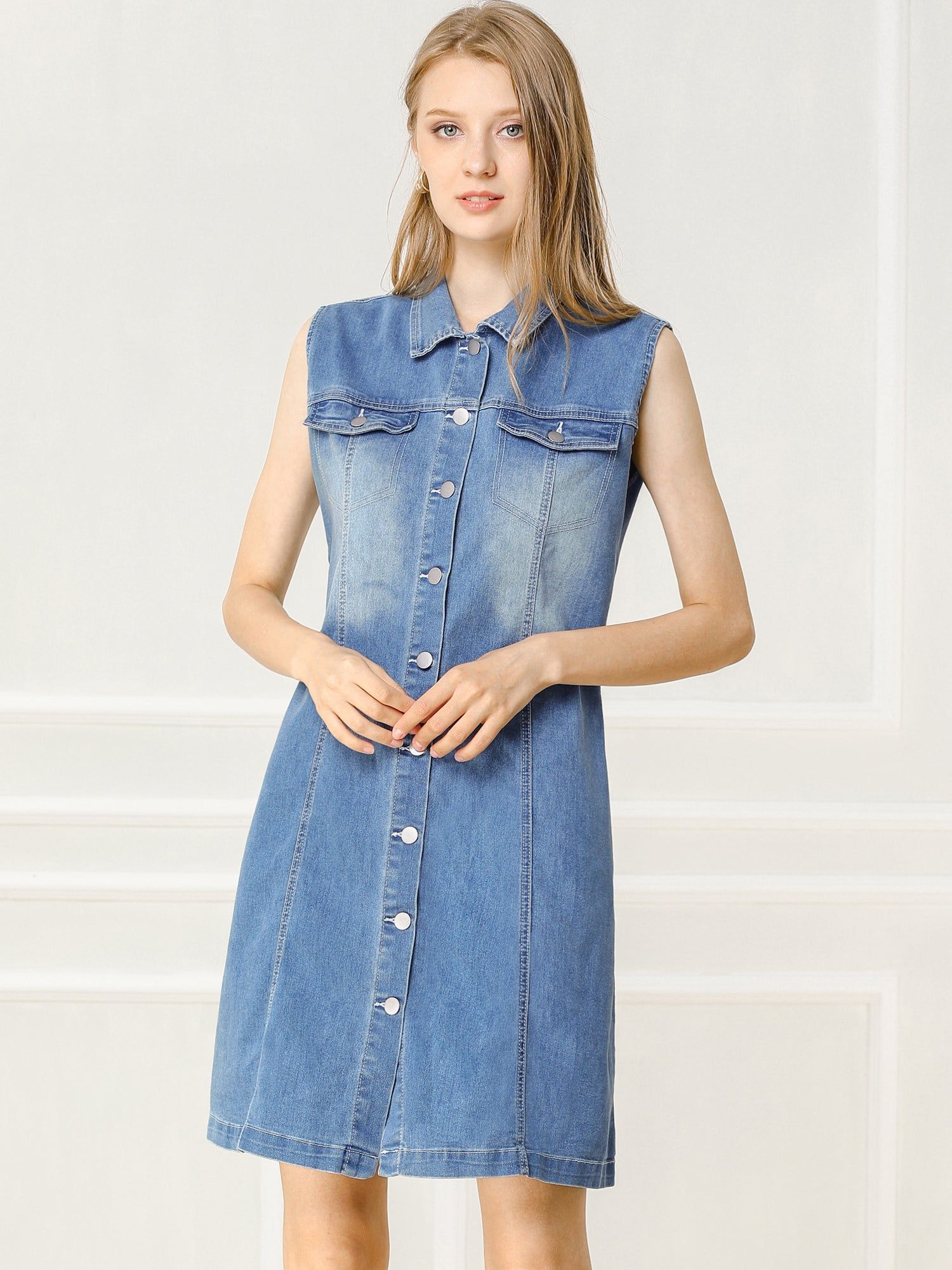 Casual Button Front Shirt Dress Summer Sleeveless Denim Dress sold by Allegra K product image thumbnail 3