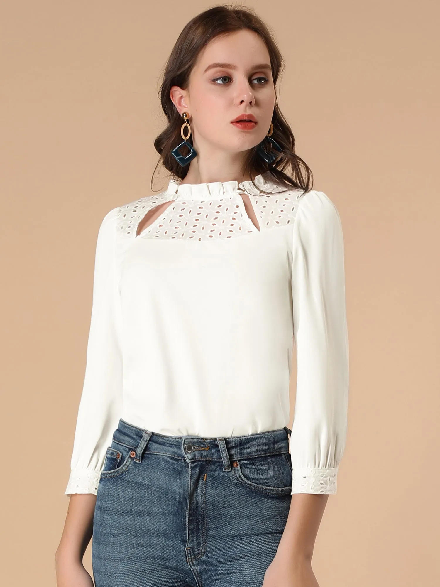 Hollow Out Contrast Panel Cut 3/4 Sleeve Ruffle Collar Blouse sold by Allegra K product image thumbnail 2