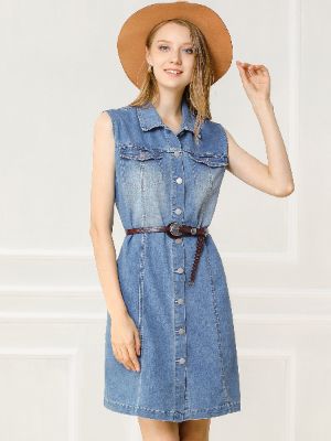 Casual Button Front Shirt Dress Summer Sleeveless Denim Dress sold by Allegra K