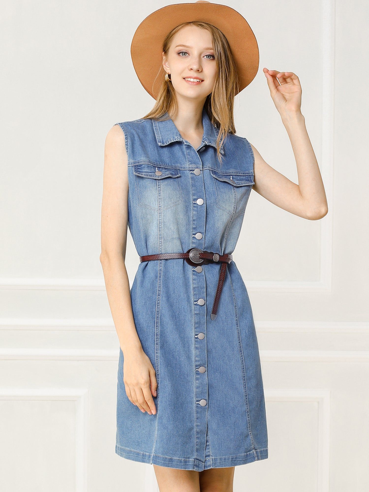 Casual Button Front Shirt Dress Summer Sleeveless Denim Dress sold by Allegra K