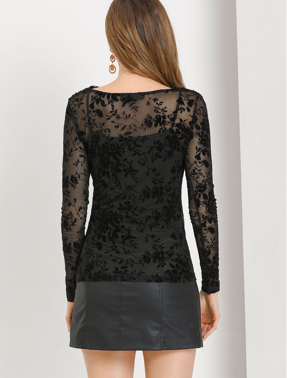 Slim Long Sleeve Cowl Neck Floral Sheer Mesh Blouse Top sold by Allegra K product image thumbnail 3