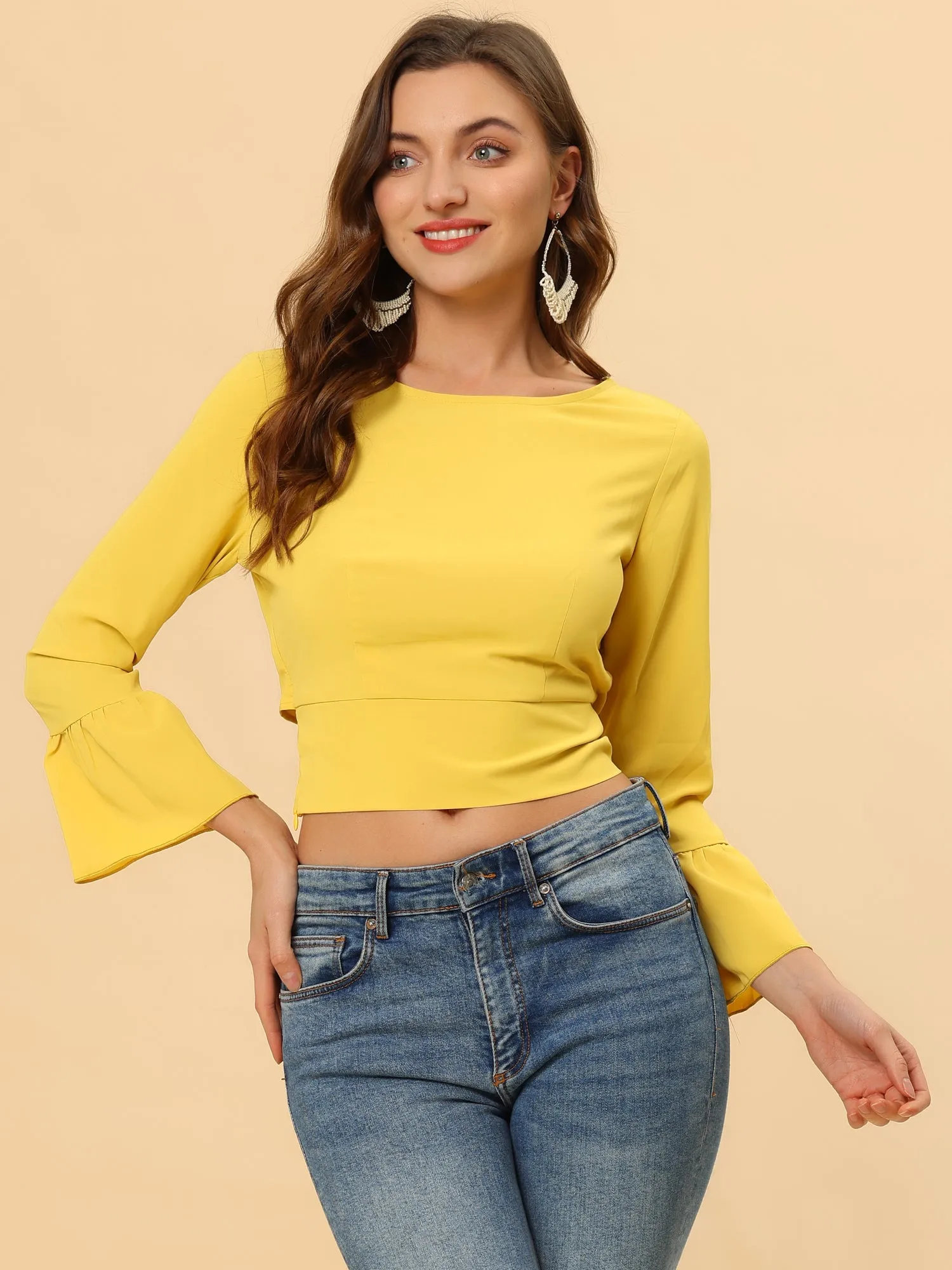 Chiffon Blouse Bow Tie Back Bell Sleeve Crop Top sold by Allegra K product image thumbnail 2