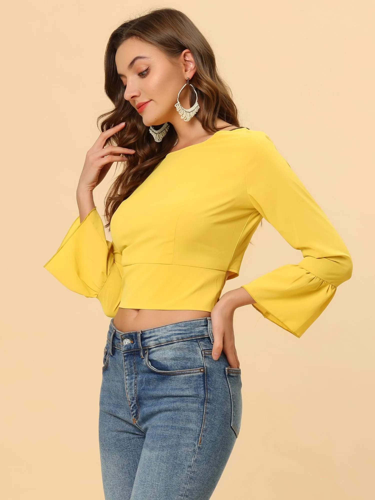 Chiffon Blouse Bow Tie Back Bell Sleeve Crop Top sold by Allegra K product image thumbnail 3