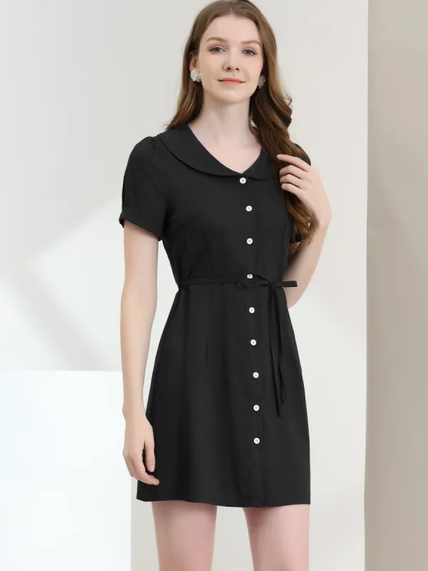 Peter Pan Collar Casual Tie Belted Short Puff Sleeve Shirt Dress sold by Allegra K