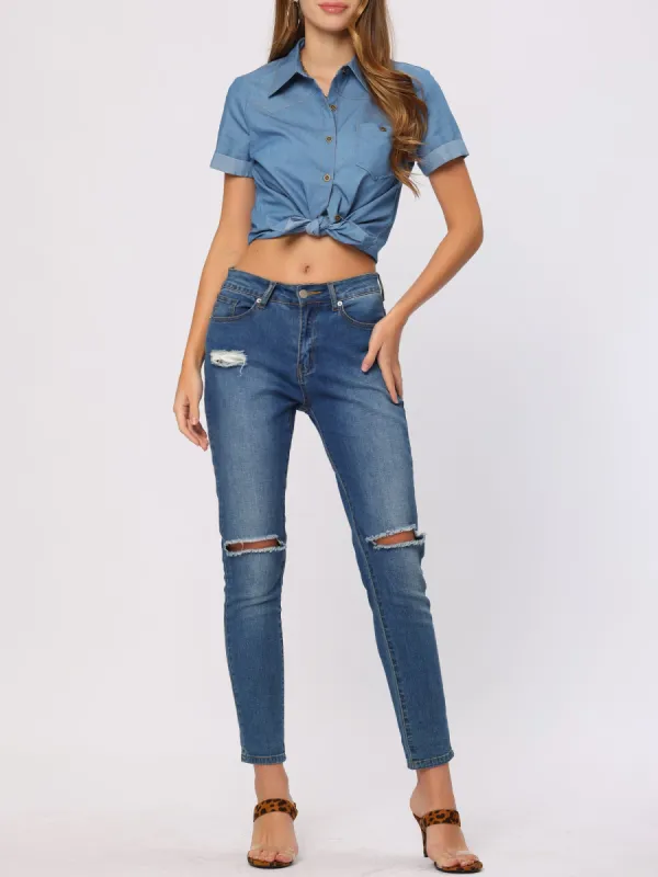 Denim Chambray Casual Button Down Business Short Sleeve Blouse sold by Allegra K