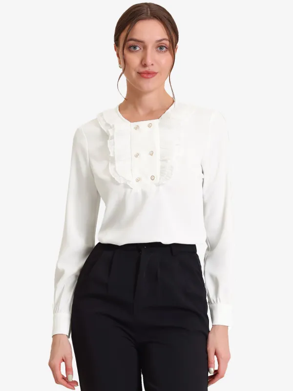 Ruffle Crew Neck Long Sleeve Elegant Work Office Blouse sold by Allegra K