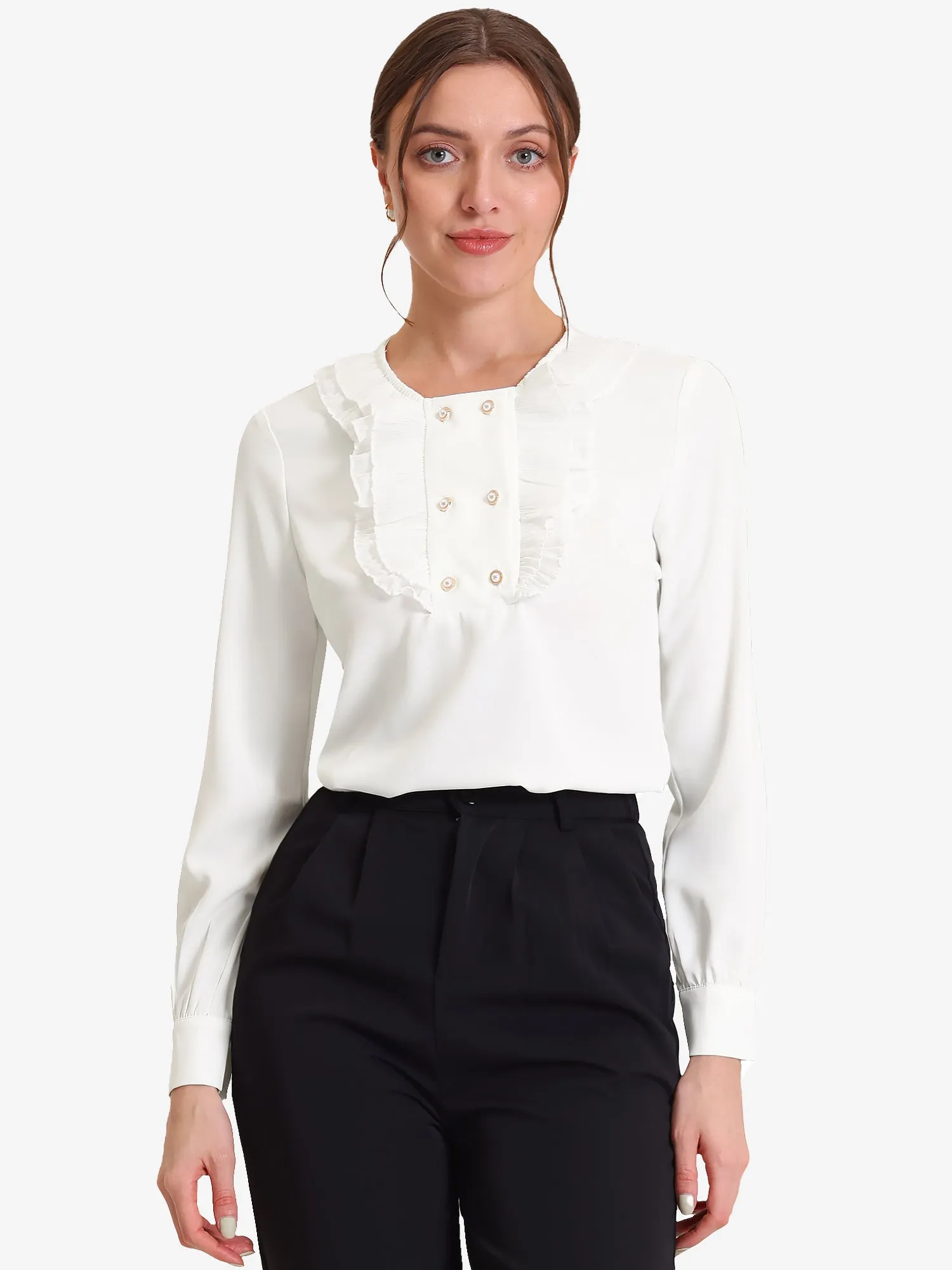 Ruffle Crew Neck Long Sleeve Elegant Work Office Blouse sold by Allegra K