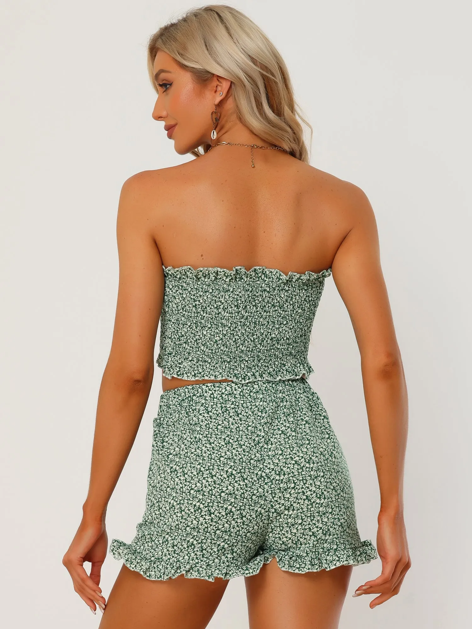 Beach Tie Front Tube Ruffle Hawaiian Floral Crop Top Shorts Sets sold by Allegra K product image thumbnail 3