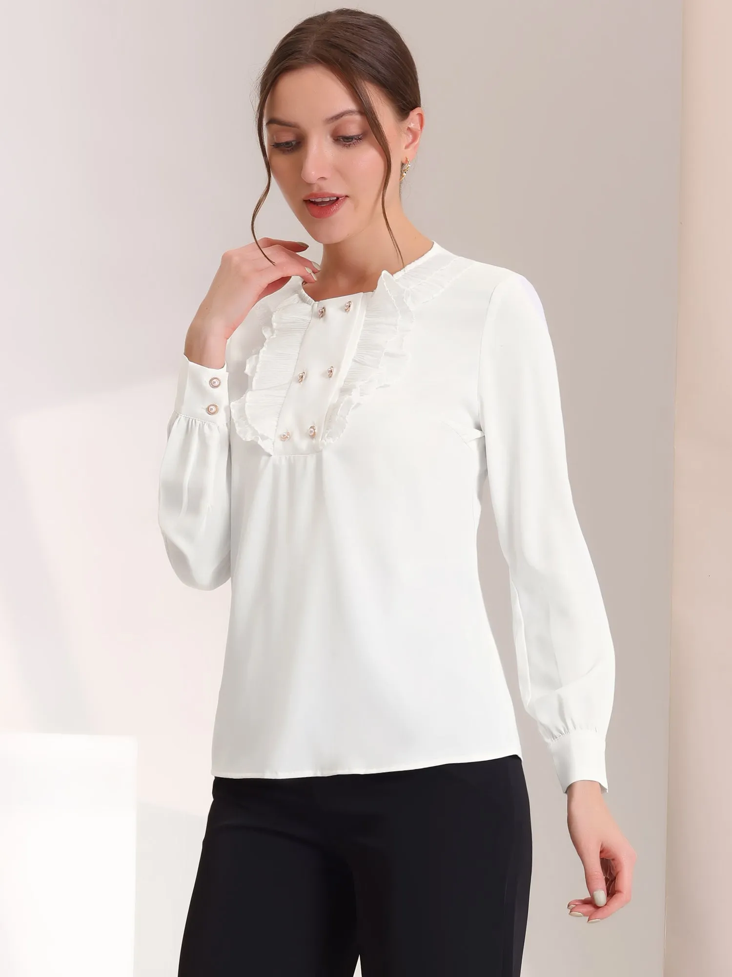 Ruffle Crew Neck Long Sleeve Elegant Work Office Blouse sold by Allegra K product image thumbnail 3