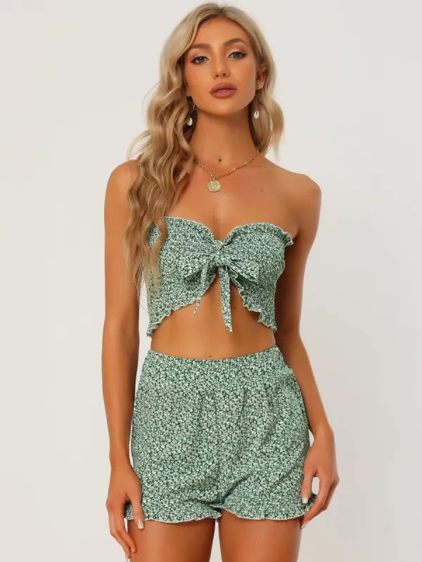 Beach Tie Front Tube Ruffle Hawaiian Floral Crop Top Shorts Sets sold by Allegra K