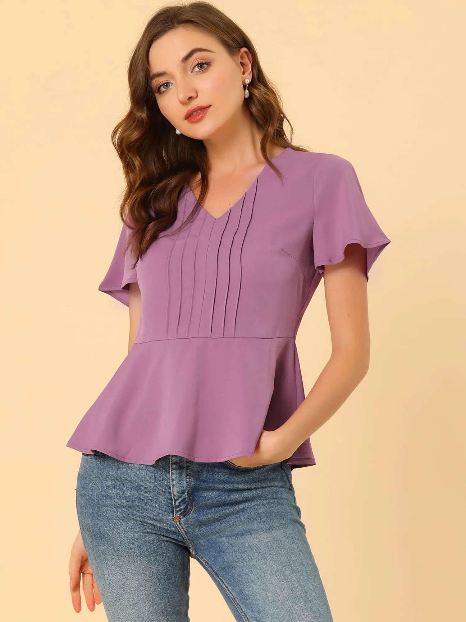 Casual Peplum Blouse V Neck Short Sleeve Ruffles Flare Top sold by Allegra K product image thumbnail 4
