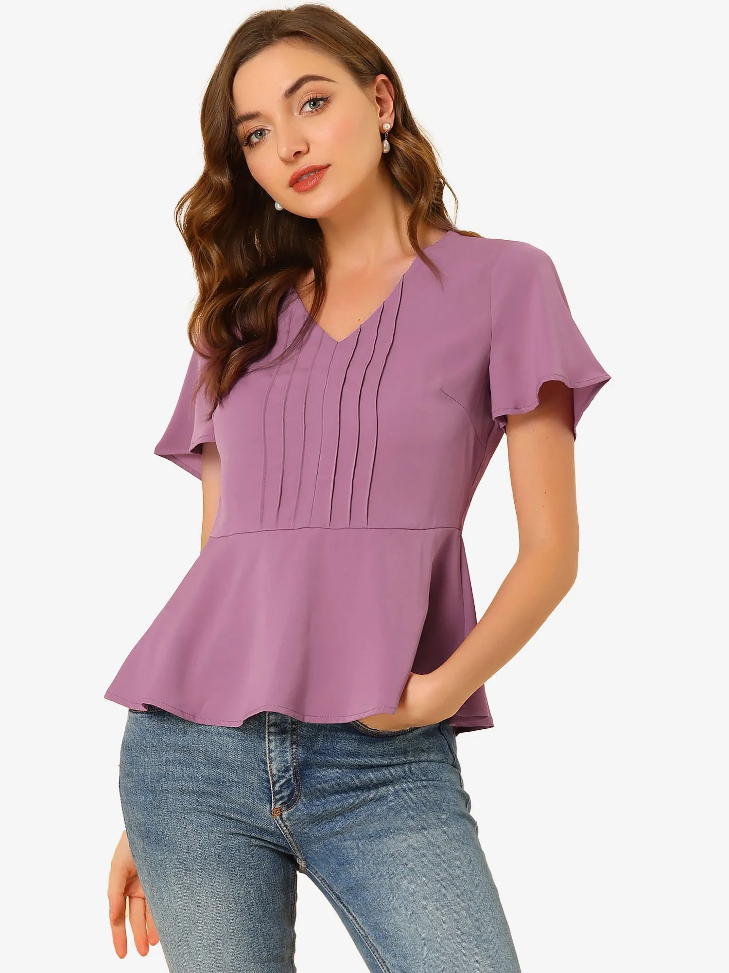 Casual Peplum Blouse V Neck Short Sleeve Ruffles Flare Top sold by Allegra K