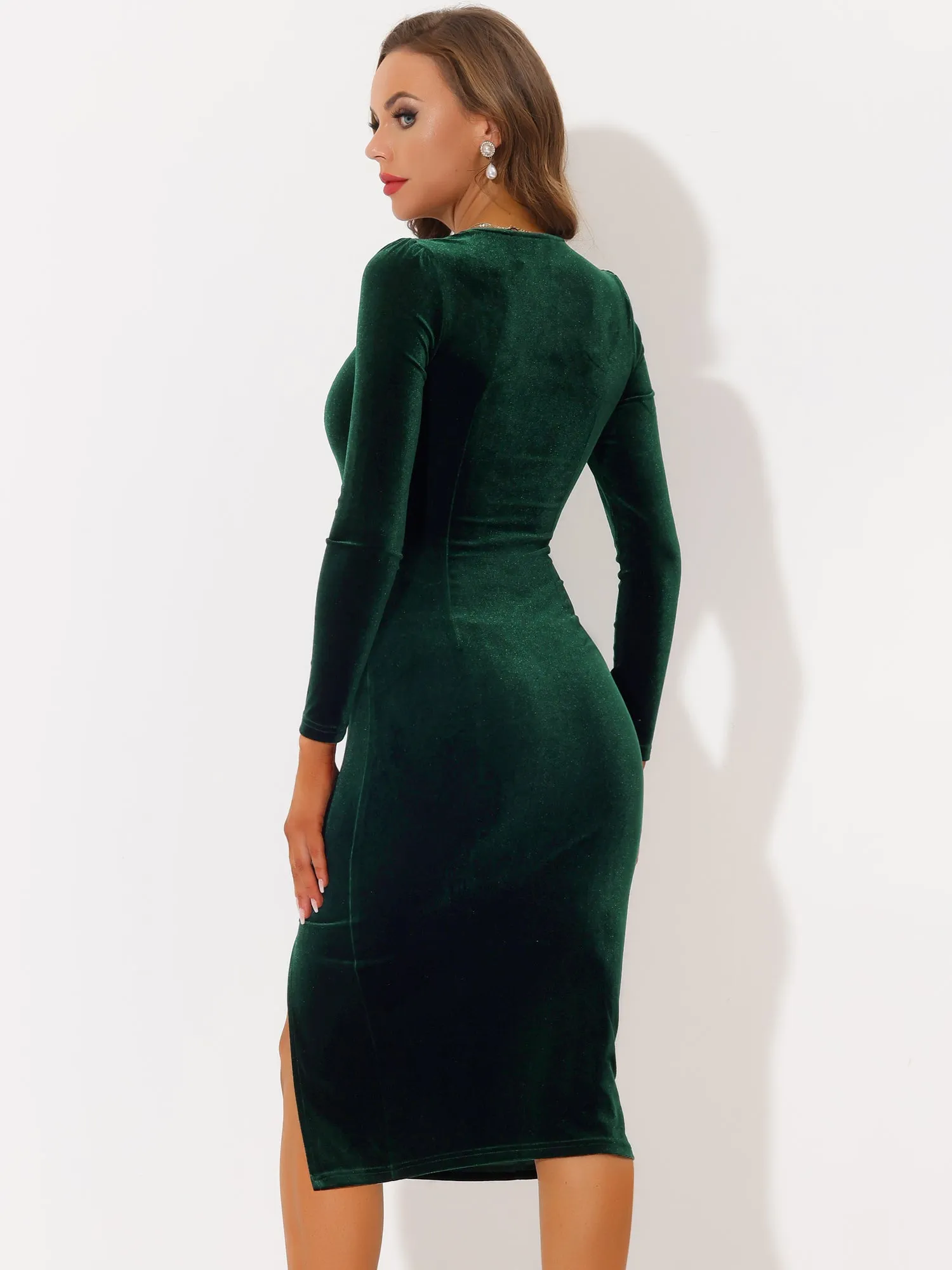 Velvet Square Neck Long Sleeve Split Bodycon Cocktail Midi Dress sold by Allegra K product image thumbnail 3