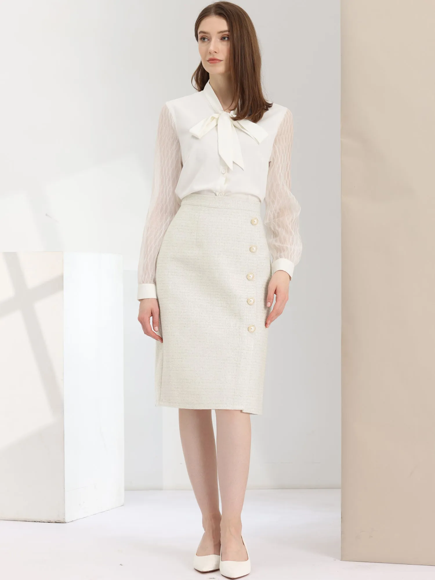 Women's Plaid Tweed High Waist Button Decor Shiny Business Elegant Midi Skirt sold by Allegra K product image thumbnail 2