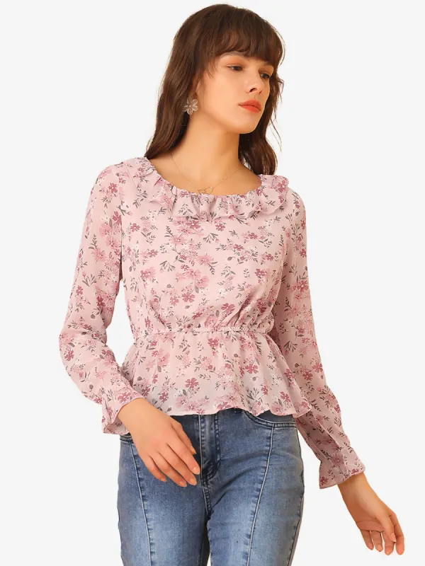 Long Sleeve Ruffle Floral Peplum Top Chiffon Blouse sold by Allegra K