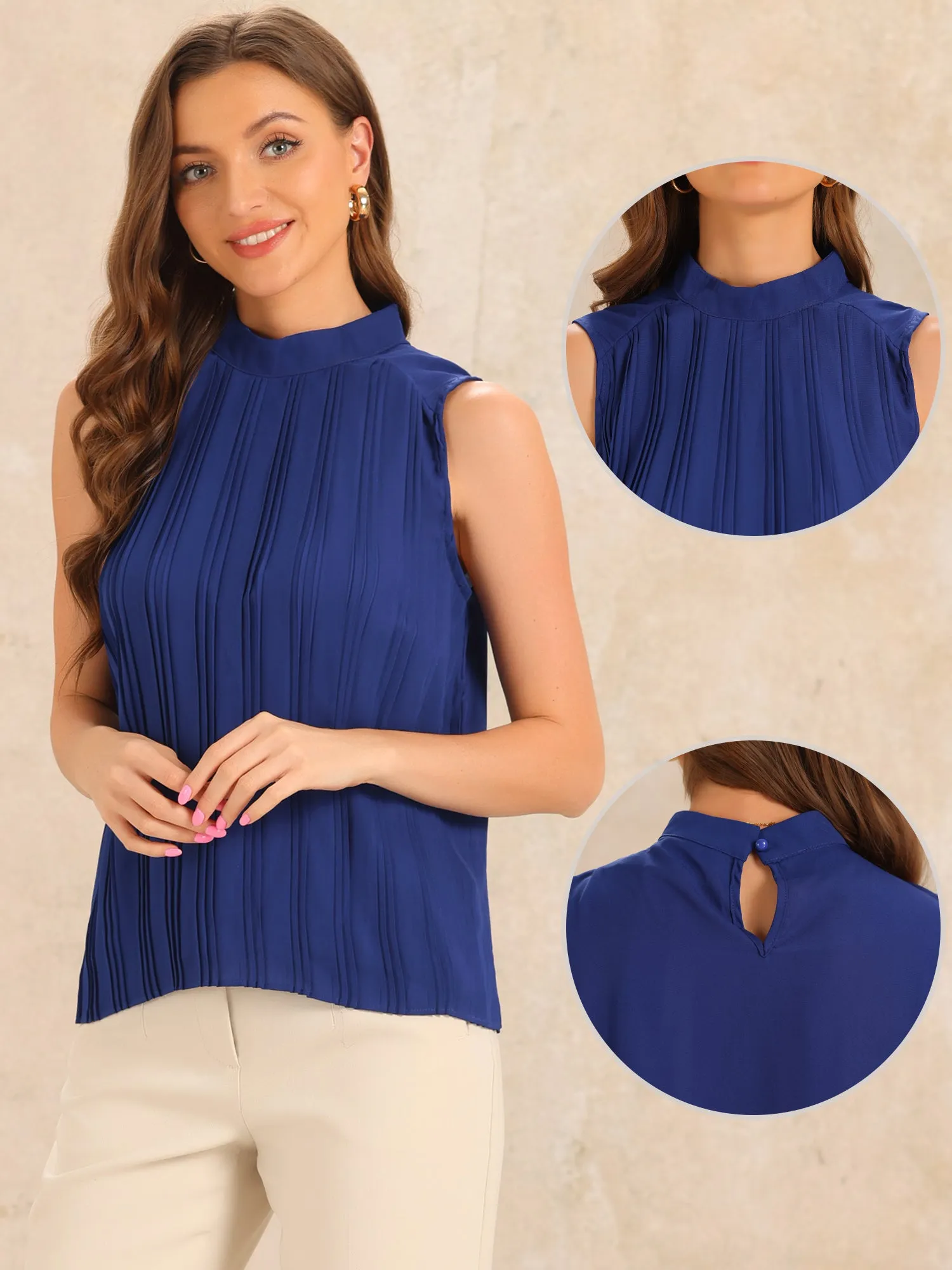 Chiffon Sleeveless Pleated Mock Neck Business Casual Blouse sold by Allegra K product image thumbnail 2