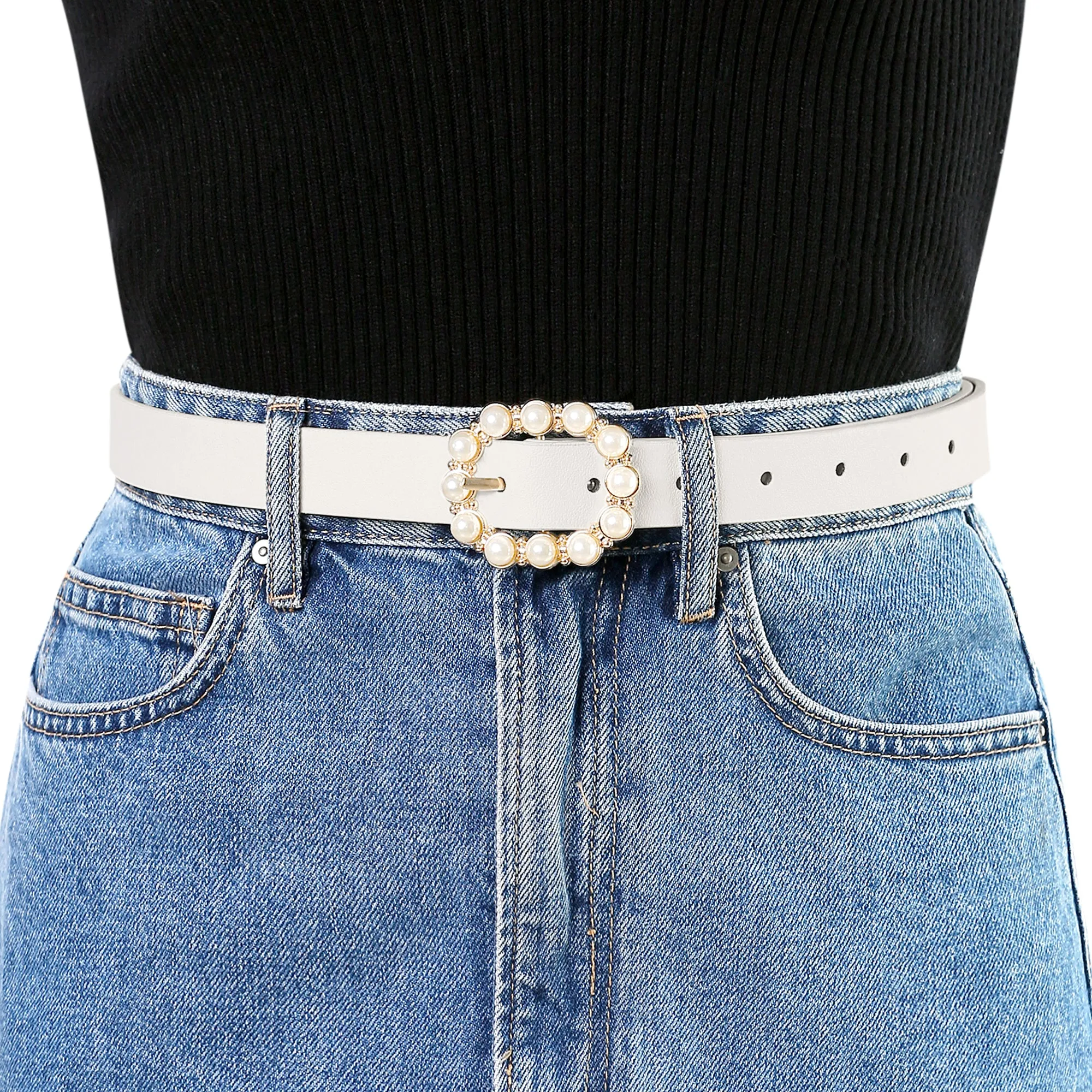 Pearl Waistband Skinny Leather Adjustable Pin Buckle Belt sold by Allegra K product image thumbnail 4