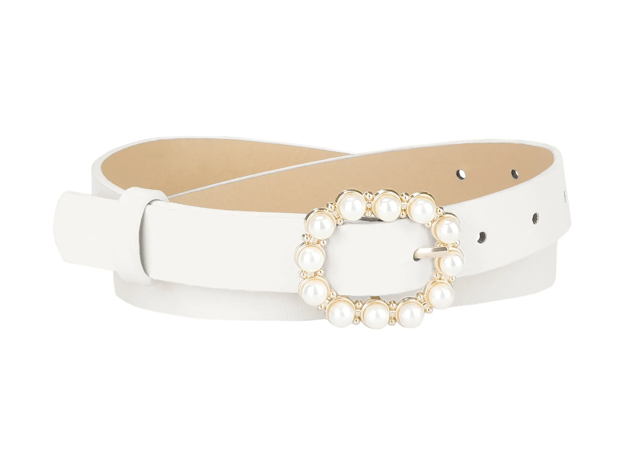 Pearl Waistband Skinny Leather Adjustable Pin Buckle Belt sold by Allegra K