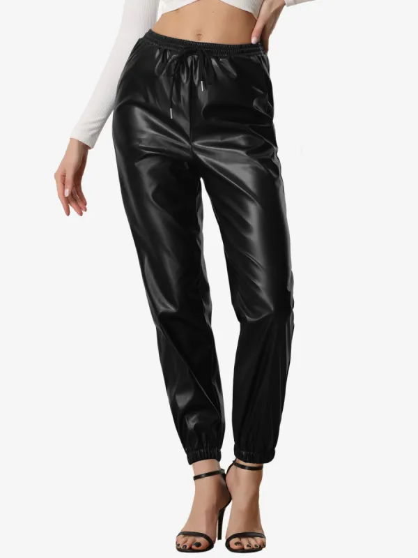 Faux Leather Pants Drawstring High Waist Joggers Casual Tapered Trousers sold by Allegra K
