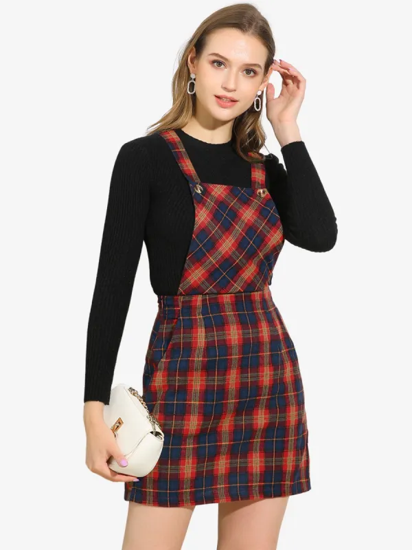 Overall Bib Plaid Adjustable Strap Pinafore Mini Suspender Skirt sold by Allegra K